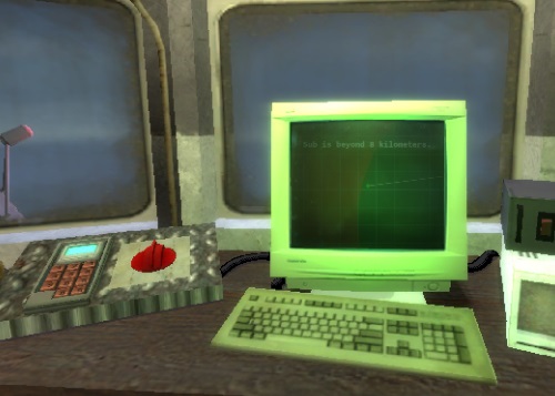 An old computer displaying 'sub is beyond 8 kilometers'.